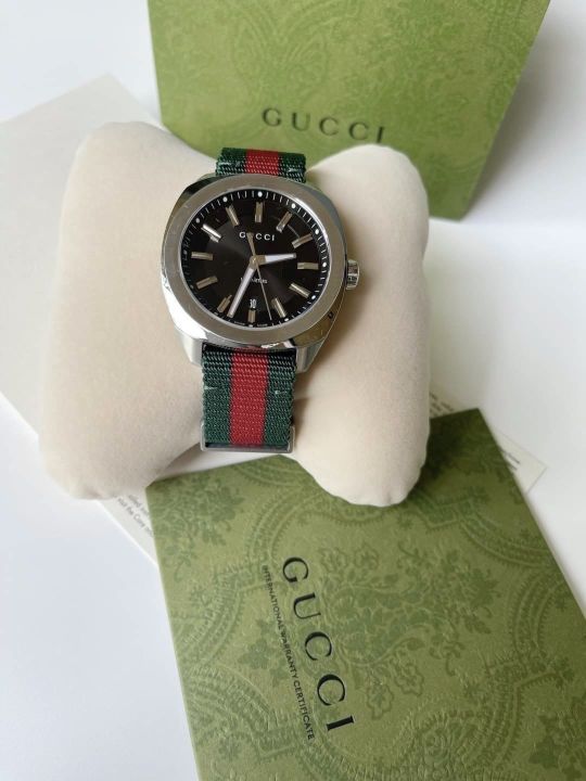 new-gucci-nylon-signature-หน้าปัดดำกรอบเงิน-ขนาด-41mm-สายไนลอน-เขียว-แดง-มีใบรับประกัน-อปก-กล่อง-แคร์การ์ด