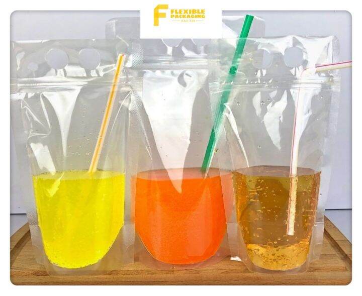 50pcs Clear Drink Bag / Water Bag /Handheld Juice Bag with Two Handle Hole + zip lock Lazada