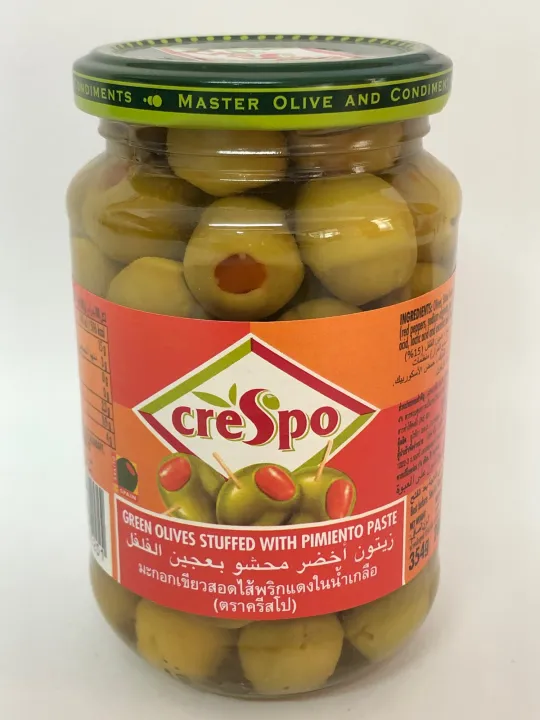 Crespo Green Olives Stuffed with Pimiento Paste 354g คริสโป มะกอกเขียว