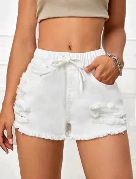 Denim Shorts Low Waist Women Slim Fit Hem Rolled Up Short Pants Retro  Fashion Ripped Raw Edge Mini Shorts