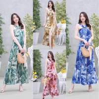 Maxi dress ลายมัดย้อมสายคล้องคอ จับจีบย่นแต่งห่วงไม้ช่วงอก