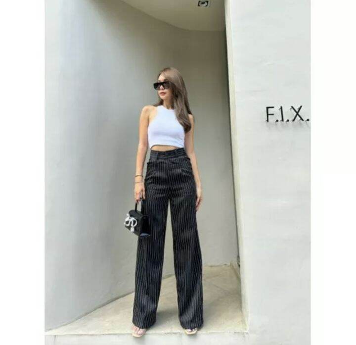 yolanda-stripe-high-waist-pantกรี๊ดดมาก-ดีไซส์ใหม่เข้า-ผ้าเดียวกัน-กางเกงเอวสูง-กางเกงขากระบอก-กางเกงแฟชั่น-กางเกงลายทาง