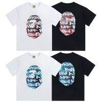 T-shirt แบบใหม่ฤดูใบไม้ผลิและฤดูร้อนเสื้อยืดแขนสั้นลายตัวอักษร BAPE กราฟฟิตีลายสก๊อตพิมพ์ลายลิงผ้าฝ้ายแท้แบรนด์ยอดนิยม BAPE bnm