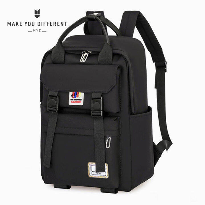 MYD Women's backpack Black Waterproof 16 inch laptop bag High school student school bag Large