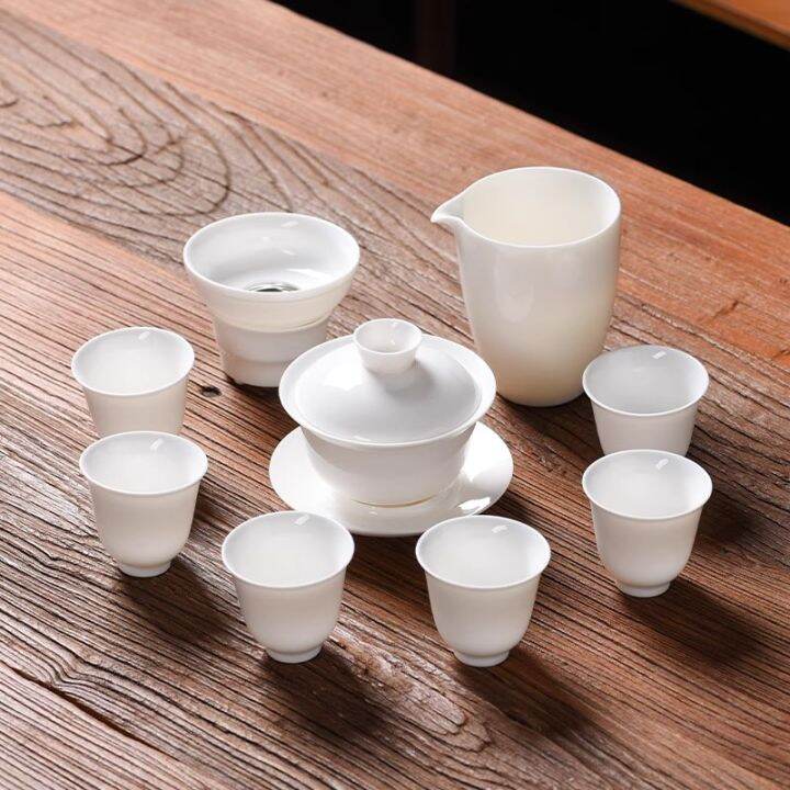 Covered bowl mutton fat jade white porcelain Kung Fu tea set tea cup