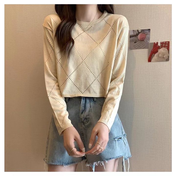 พร้อมส่ง-ใหม่-98102เสื้อยืดแขนยาวกลวงบางสตรีปี-2022-การออกแบบใหม่เสื้อกันหนาว