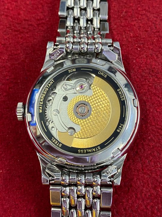 oris-25-jewels-automatic-สี่เข็ม-เข็มชี้วันที่ก้ามปู-ตัวเรือนสแตนเลส-บอยไซร์-นาฬิกาผู้ชาย-มือสองของแท้