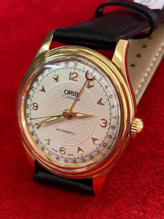 oris-17-jewels-automatic-เข็มชี้วันที่ก้ามปู-ตัวเรือนทองชุบ-นาฬิกาผู้ชาย-นาฬิกามือสองของแท้