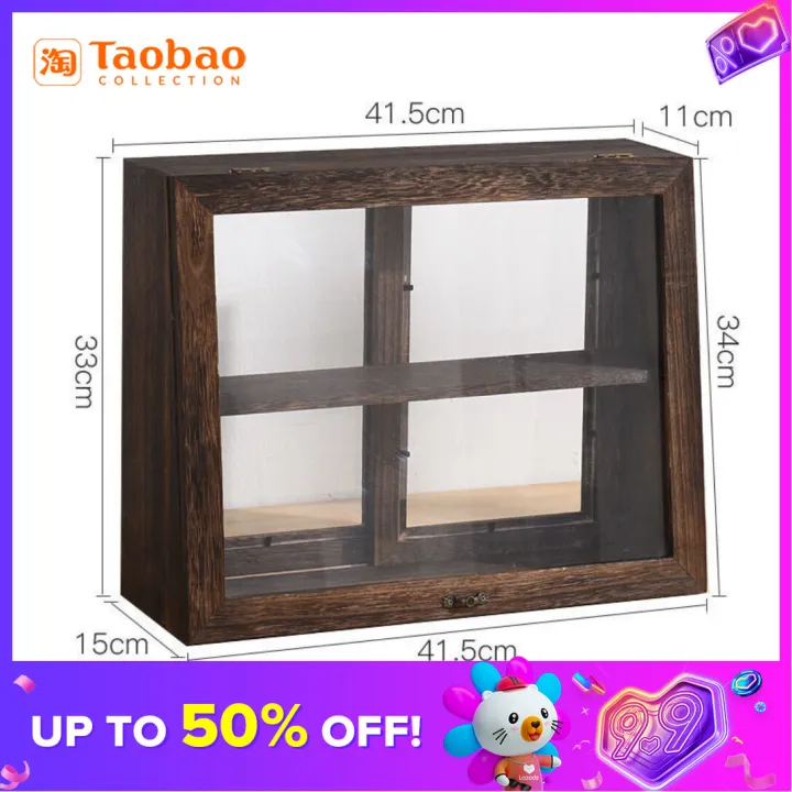 Solid Wood DustProof Tea Cup Desktop Glass Display Tea Set Teapot Storage Rack