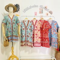 Boho floral dress เดรสคอวีสไตล์โบฮีเมียน ชุดโบฮีเมี่ยน เดรสไปทะเล ชุดไปทะเล เดรสสีส้ม ชุดสีฟ้า เดรสสั้น เดรสลายดอก