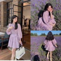 ?Violet Dress? เดรสเกาหลี มีม่วงอมชมพูสีดีมาก ผ้าทอลายเส้นเนื้อผ้าไม่บางค่ะใส่สบาย บุซับใน