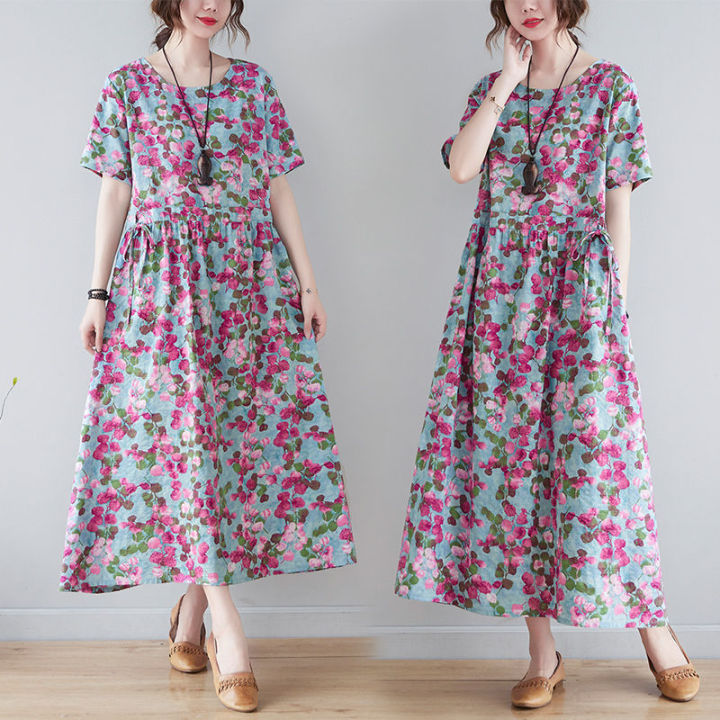 Váy Liền Tay Ngắn Cotton Lanh Mẫu Mới Mùa Hè 2022 Váy Dài Chữ A In Hoa Cổ  Điển Dáng Gầy Rộng Rãi Dây Rút Chít Eo Nữ | Lazada.Vn