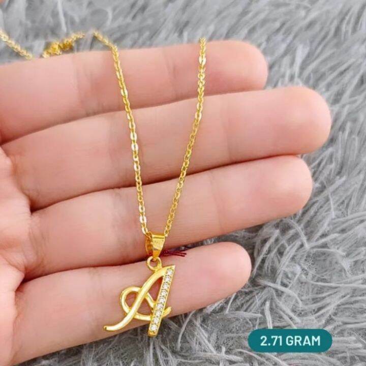 Set Kalung Dan Liontin Inisial Huruf Latin A Permata Polos Elegant Emas