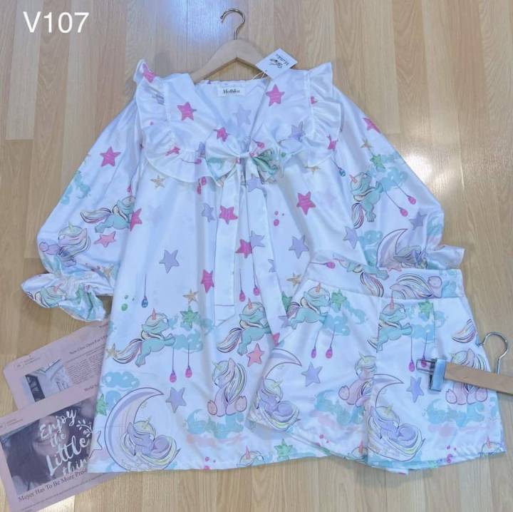 พร้อมส่ง-set2ชิ้น-เสื้อคอปกแต่งระบาย-ผ้าพิมพ์ลาย-น่ารักก-งานสวยอลังการมาก