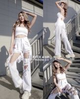 ? BU5556-2 NEW WHITE JEANS กางเกงยีนส์ทรงขากระบอกสีขาวแต่งขาดเยอะแฟชั่น มีไซล์ใหญ่สำหร้บสาวอวบPLUSSIZE