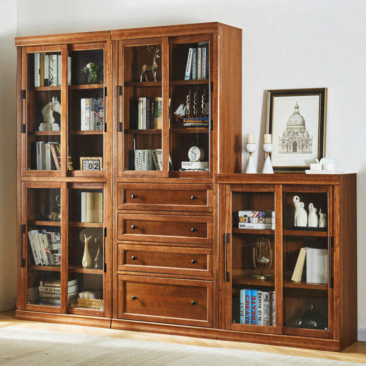 American Style Minimalist Solid Wood Sliding Door Bookcase Locker