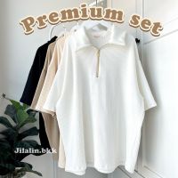 Jilalin.bkk Premium Set ชุดเซตเสื้อ+กางเกง (ผ้าดีมาก) เสื้อคอปกแต่งซิปสีทอง ใส่ได้ทุกเพศ ตรงปก100% สาวอวบใส่ได้