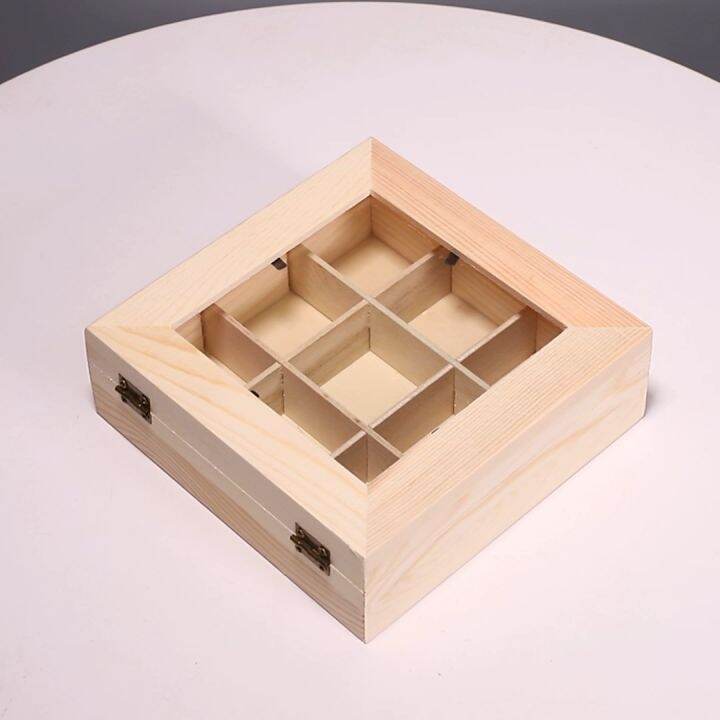 Wooden Tea Bag Jewelry Organizer Chest Storage Box 9 Compartments Tea
