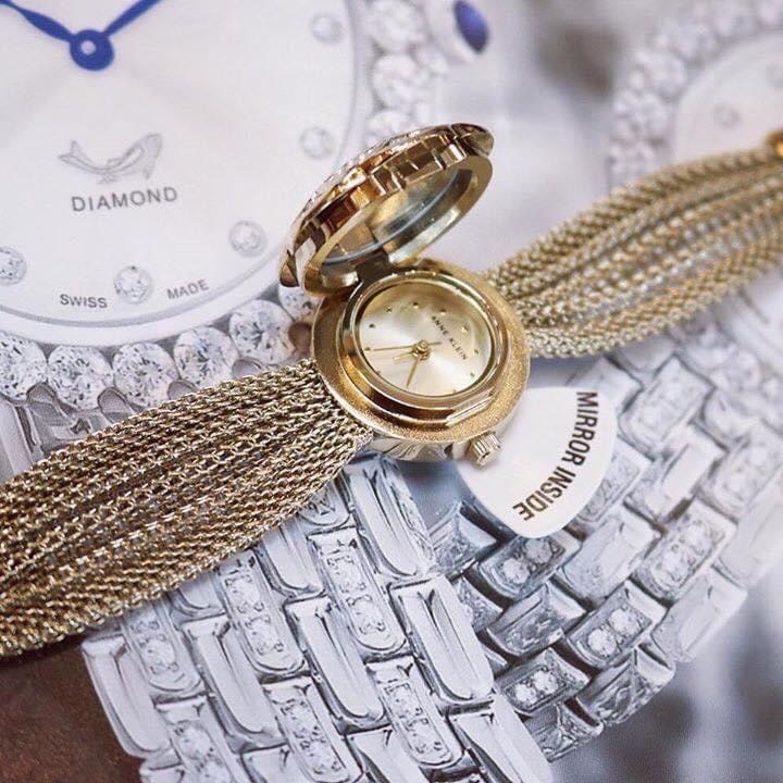 รับประกันของแท้-anne-klein-womens-swarovski-crystal-accented-gold-tone-covered-dial-mesh-bracelet-watch