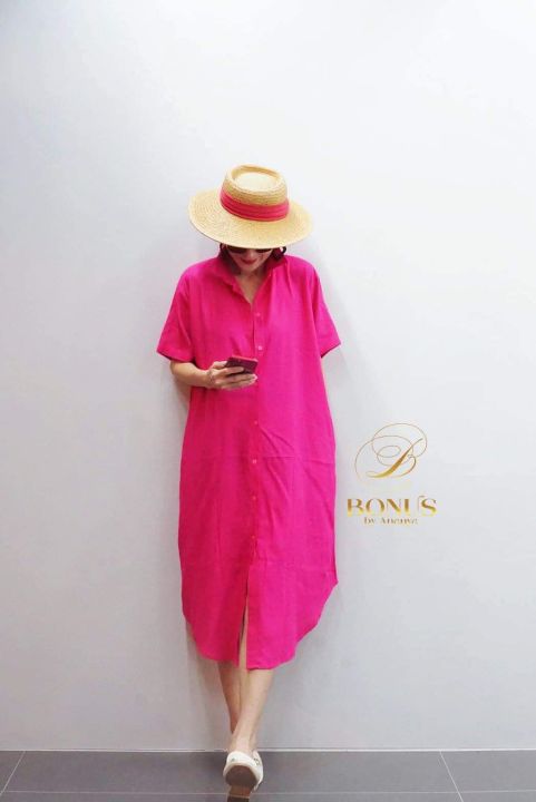 linen-maxi-dress-ชุดเดรสลินินทรงปล่อย-แต่งกระเป๋า-2-ข้างผ้าลินิน-ชุดเดรสตัวยาว-เดรสเชิ้ตลินินแท้