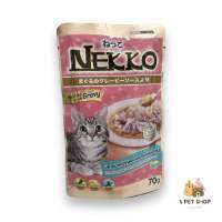 NEKKO CAT Tuna topping Shrimp and Scallop เน็กโกะ อาหารเปียกแมว ปลาทูน่าหน้ากุ้งและหอยเชลล์ ในน้ำเกรวี่ เพิ่มความอร่อยด้วยน้ำเกรวี่สูตรพิเศษ (70g)