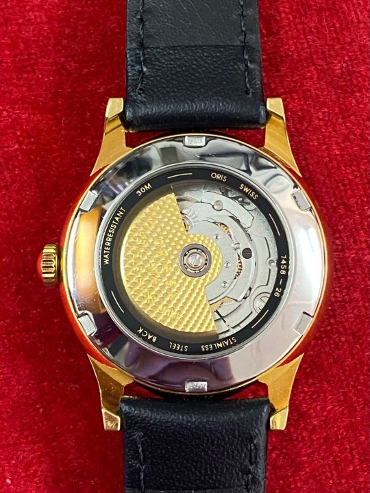 oris-17-jewels-automatic-ตัวเรือนทองชุบ-สี่เข็ม-เข็มชี้วันที่ก้ามปู-นาฬิกาผู้ชาย-นาฬิกาวินเทจมือสองของแท้