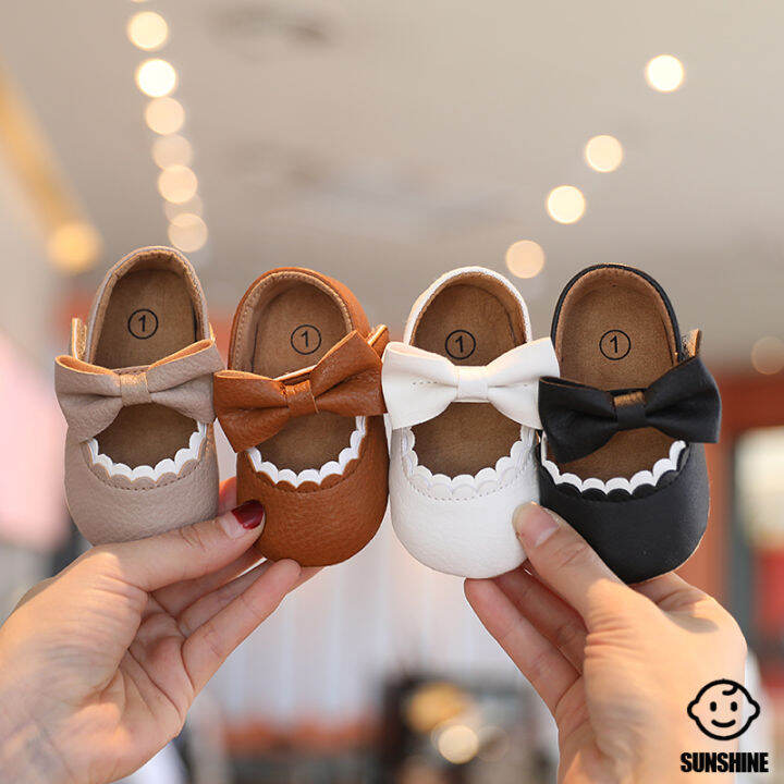 Girl baby princess shoes classic bow decorative flat shoes white apricot brown black crib shoes