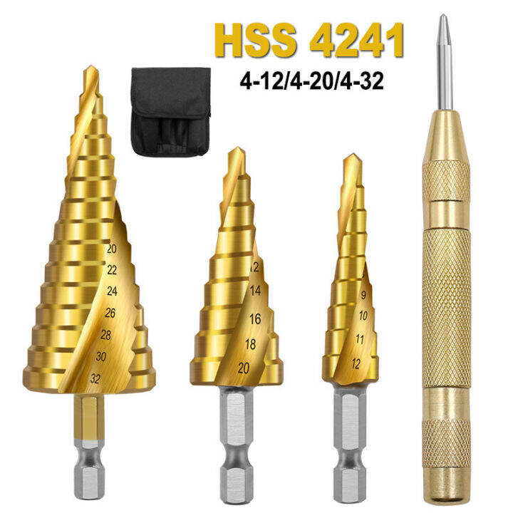 (Ready Stock)4PCS set of hexagonal spiral groove step bit and center