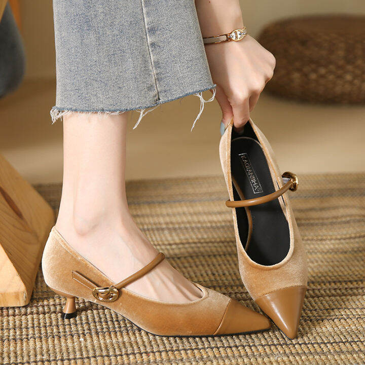 Temperament French Style Pointed Toe Stiletto Heels One Word Strap