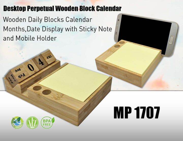 Wooden Bamboo Calendar Desk Organizer With Penholder, Sticky Note