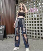 ? (BU6970) JEANS DENIM กางเกงยีนส์เอวสูงทรงขากระบอกแต่งแฟชั่นกระเป๋ากลับ แต่งขาดหน้าเก๋ๆ มีไซล์ใหญ่สำหรับสาวอวบ ?