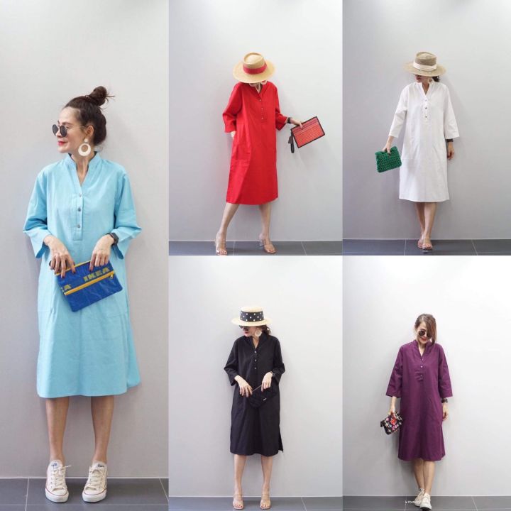 เดรสคอจีนงานผ้าฝ้ายญี่ปุ่น-งานสวย-งานฟรีไซส์