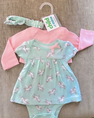 CLOTHING 99 Carter’s Baby green and pink unicorn newborn 0-6 month dress set with small jacket and headband for girls