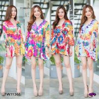 11366 Dress เดรสสั้นคอวีโอเวอร์ไซส์ แขนยาว เนื้อผ้าสปันลายมัดย้อม เอวรูดผูกเชือก