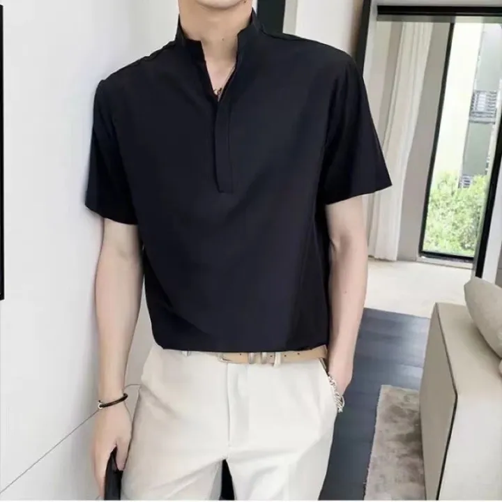 Chinese Collar Plain Casual Short Sleeves V-Neck Polo Formal Wear for ...