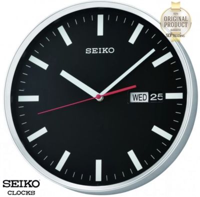 SEIKO นาฬิกาแขวน 12 นิ้วมีช่องแสดงวันและวันที่ หน้าปัดสีดำขอบสีเงินโครเมี่ยม รุ่น QXF104A
