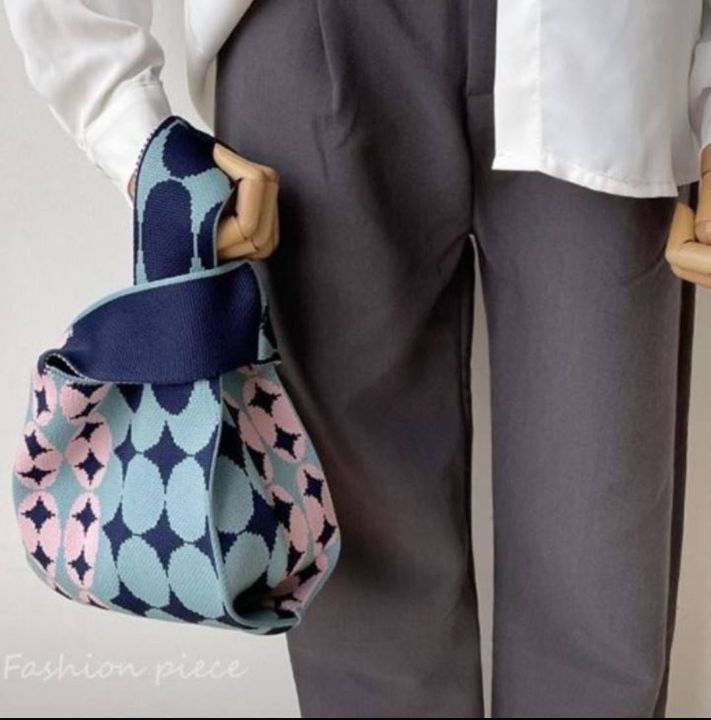 กระเป๋าผ้าถักสีพาทเทล-สำหรับใส่ของ-กระเป๋าผ้าทรงน่ารักมีหูหิ้ว