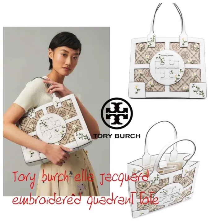 งานช็อป 💕Tory burch ella jacquard embroidered quadrant tote 