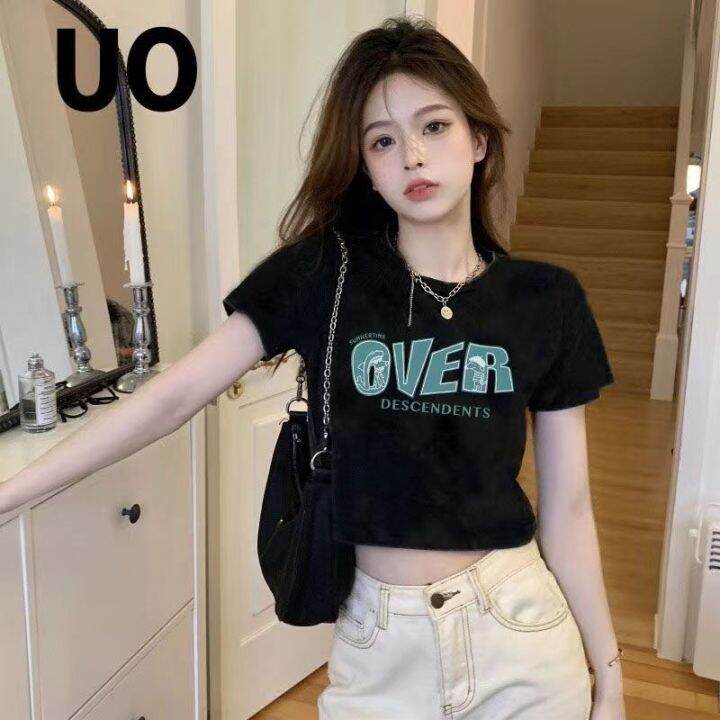 พร้อมส่ง-เสื้อครอปผู้หญิงมินิมอล-เสื้อเอวลอย-พิมพ์ลาย