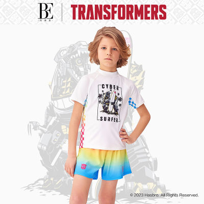 BE vandan ชุดว่ายน้ำสำหรับเด็กกางเกงชายหาดแขนสั้นแบบแยกชิ้นลาย Transformers ซีรีส์แบรนด์เนมสินค้าใหม่ทีเร็กซ์สีรุ้ง