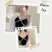 Sharm top สายเดี่ยวไหมพรมสีดำตัดลายลูกไม้สีขาว