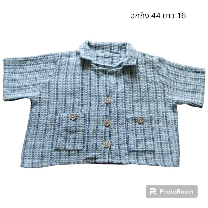 เสื้อครอปแขนสั้น-เอวลอย-ผ้าทวิต-มือสอง