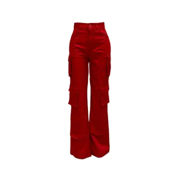 y2k Red Cargo pants for women Korean style high waist loose casual