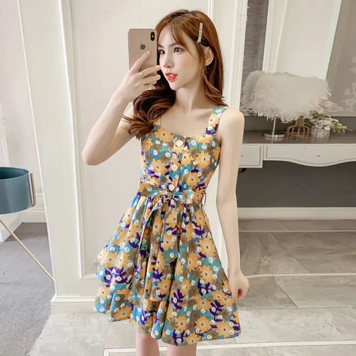 Floral Skirt KoreanStyle Tight Waist Elegant Bow Suspenders Lazada