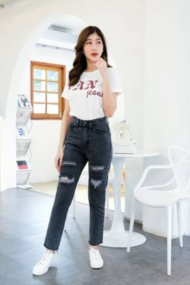 กางเกงยีนส์ผู้หญิงทรงขากระบอกเล็ก งานผ้าไม่ยืดป้าย Tan jeans มีไซด์ s m l xl แต่งขาดด้านหน้าแบบเซอร์ๆนิดสีสโนว์ฟอกสวยๆเลยคร่า