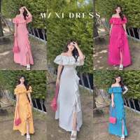 Ppickme•MaxiDress เดรสปาดไหล่ระบาย 2 ชั้น ผ่าหน้าแต่งระบาย ฟรีไซส์มีสายผูกหลังปรับเข้ารูป