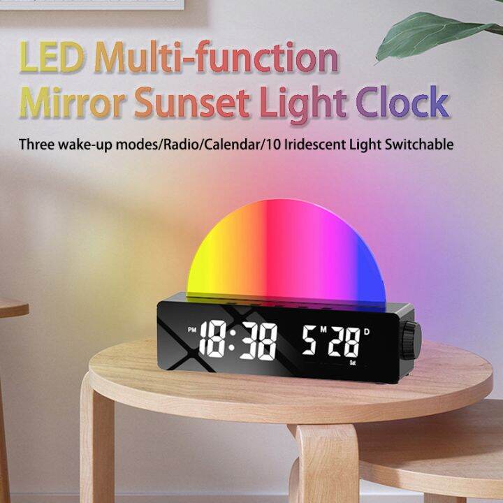 LED Multifunction Mirror Electronic Alarm Clock Sunset Light Clock