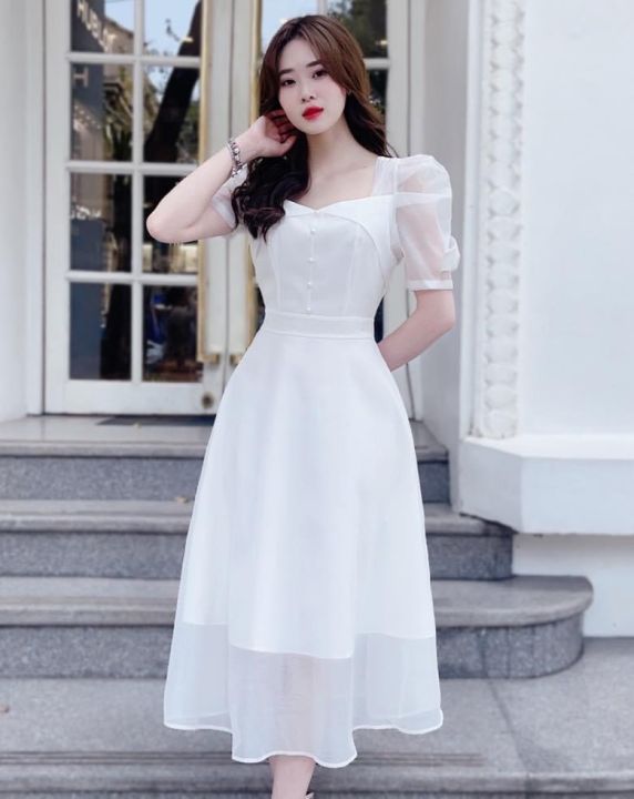 Váy đầm xòe dự tiệc cưới dạ hội màu trắng mẫu mới giá rẻ đẹp có bigsize  mẫu váy đầm xinh như tiểu thư công chúa THỜI TRANG LÂM AN D30 