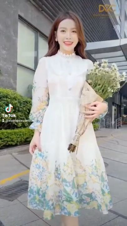 Đầm Váy Maxi Voan Hoa Tơ Dài Tay Phối Cổ Ren, Đầm Maxi Hoa Quảng ...
