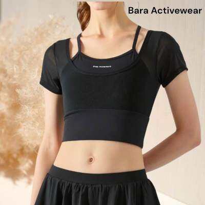 พร้อมส่ง สปอร์ตบราแขนสั้น ซีทรู สีดำ 2 in 1 Sports bra เสื้อแฟร์ชั่นผู้หญิง เซ็กซี่แบบไม่โป๊ ผ้าตาข่ายระบายอากาศ ออกกำลังกาย ฟิตเนส ยิม โยคะ ใส่เที่ยวได้ค่ะ